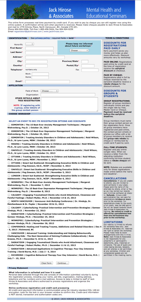 The original landing page for Jack Hirose & Associates' online registration system